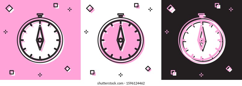 Set Compass icon isolated on pink and white, black background. Windrose navigation symbol. Wind rose sign.  Vector Illustration