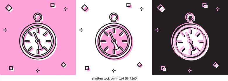Ajuste el icono de brújula aislado en fondo negro y rosa y blanco. Símbolo de navegación de Windrose.Signo de rosa eólica. Ilustración vectorial