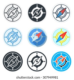 Set of compass icons in different styles isolated on white background.