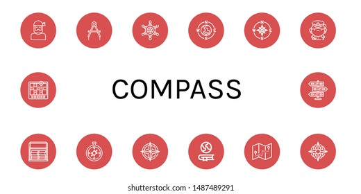 Set of compass icons such as Sailor, Compass, Helm, Captain, Thermo bag, Geography, Navigator, Signpost , compass