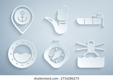 Definir bússola, barco inflável com motor, vigia do navio, farol, cachimbo de fumaça e ícone da âncora de localização. Vetor