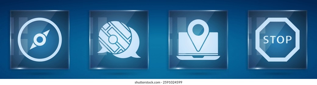 Set Compass, Infographic of city map navigation, Laptop with location marker and Stop sign. Square glass panels. Vector