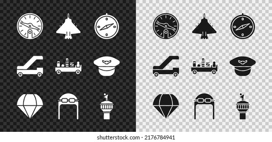 Set Compass, Jet fighter, Parachute, Aviator hat with goggles, Radar, Passenger ladder for plane boarding and Airport luggage towing truck icon. Vector