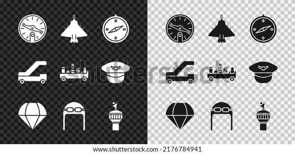 Set Compass, Jet fighter, Parachute,\
Aviator hat with goggles, Radar, Passenger ladder for plane\
boarding and Airport luggage towing truck icon.\
Vector