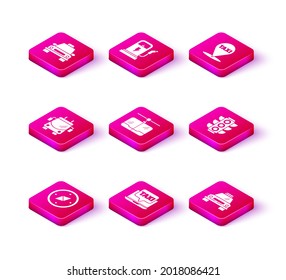Set Compass, Laptop call taxi service, Trolleybus, Cable car, Taxi, Traffic light, Map pointer with and Electric charging station icon. Vector