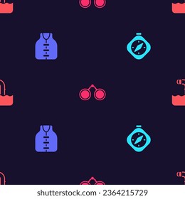Set Compass, Life jacket, Binoculars and Periscope on seamless pattern. Vector
