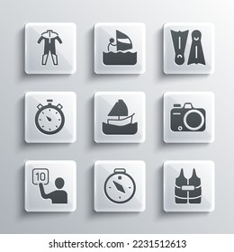 Set Compass, Life jacket, Photo camera, Yacht sailboat, Assessment of judges, Stopwatch, Wetsuit for scuba diving and Flippers swimming icon. Vector