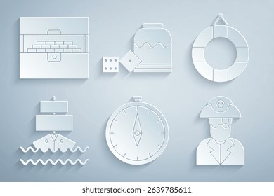 Set Compass, Lifebuoy, Ship, Pirate captain, game dice and Antique treasure chest icon. Vector