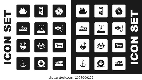 Set Compass, Lighthouse, Beach pier dock, Cruise ship, Diving mask and snorkel, Brochure, Sunbed umbrella and Coconut cocktail icon. Vector