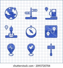 Establezca Compass, Ubicación con marca de verificación, Señal de tráfico por carretera, Ubicación de la ruta, Servicio de coches y monumento, gasolinera y el icono del globo. Vector