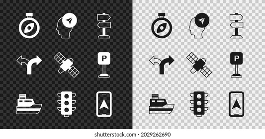 Kompass, Lage mit Person, Straßenverkehrszeichen, Schiffslinienweg, Ampel, Stadtplan-Navigation und Satellitensymbol festlegen. Vektorgrafik