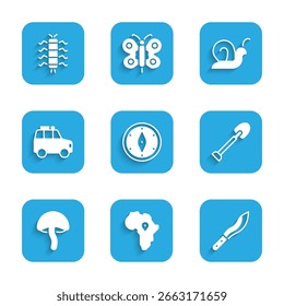 Set Compass, Map of Africa, Machete, Shovel, Mushroom, Car, Snail and Centipede insect icon. Vector