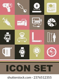 Set Compass, Measuring height body, Circle of pieces, Diameter, instrument, Syringe, Digital thermometer and Multimeter, voltmeter icon. Vector