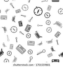 Setzen Sie Compass, Meteorologie Thermometer, Kinokamera und Kreditkarte auf ein nahtloses Muster. Vektorillustration