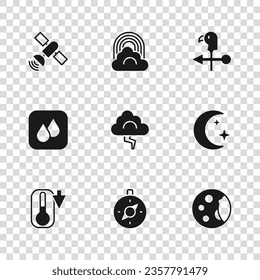 Set Compass, Moon and stars, phases, Cloud lightning, Rooster weather vane, Satellite, Rainbow with cloud and Water drop icon. Vector