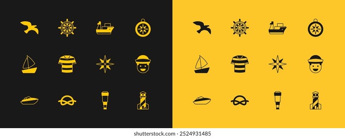 Set Compass, Nautical rope knots, Wind rose, Spyglass telescope lens, Striped sailor t-shirt, Cargo ship, Bird seagull and Ship steering wheel icon. Vector