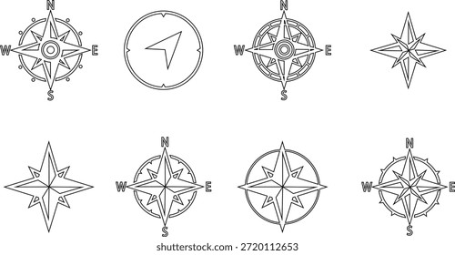 Kompassnavigationssymbole, Sammlung von Richtungs- und Orientierungssymbolen, Gruppe von Linienvektorgrafiken, Kompassrose hinzufügen, Lager, Route, Reiseführer, schwarzes Symbol