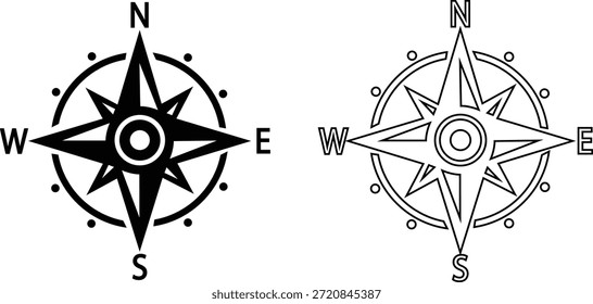 Set of compass navigation icons, collection of direction and orientation symbols, group of flat line vector illustrations, add compass rose, bearing, route, travel guide, black icon