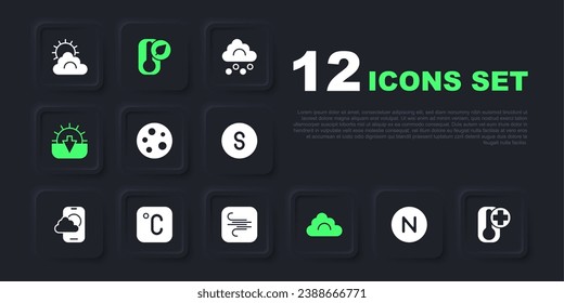 Set Compass north, Thermometer, Moon, Cloud, Sunset, Celsius,  and Wind icon. Vector
