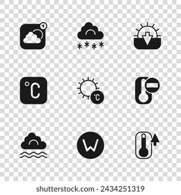 Set Brújula norte, Termómetro, Sol, Atardecer, Aplicación de pronóstico del tiempo, Nube con nieve e icono de Celsius. Vector