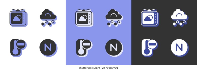 Brújula norte, pronóstico de Clima, termómetro y el ícono de la nube de granizo. Vector