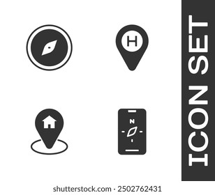 Establezca Compass en el móvil, , Locación con la casa y el icono de la pista de aterrizaje del helicóptero. Vector