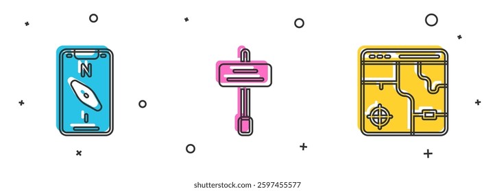 Set Compass on mobile, Road traffic sign and Infographic of city map icon. Vector