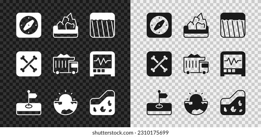 Set Compass, Ore mining, Ground, Flag, Earth core structure crust, Archeology and Mining dump truck icon. Vector