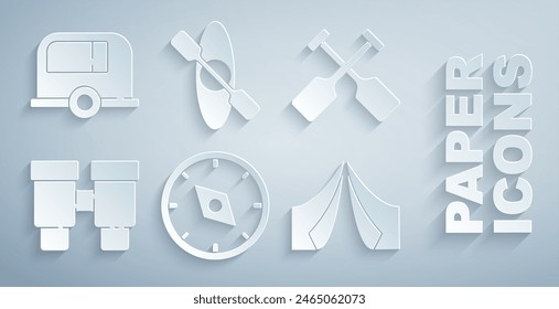 Conjunto Brújula, Pádel, Binoculares, Tienda de campaña turística, Kayak o canoa y Rv Camping remolque icono. Vector