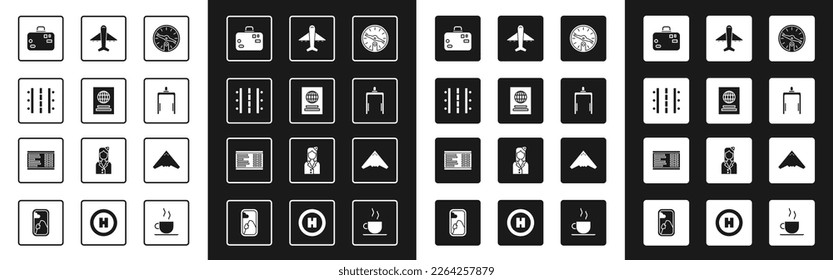 Set Compass, Passport, Airport runway, Suitcase, Metal detector in airport, Plane, Jet fighter and board icon. Vector