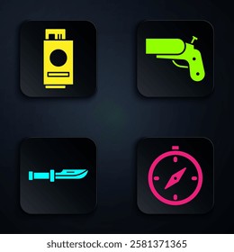 Set Compass, Passport with ticket, Camping knife and Flare gun pistol. Black square button. Vector