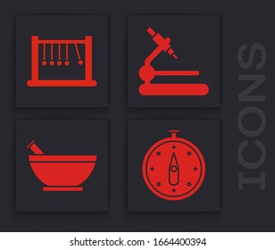 Icône Compas, Pendule, Microscope et Mortier et pilon. Image vectorielle