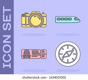 Set Compass, Photo camera, Cruise ticket for traveling by ship and Train icon. Vector