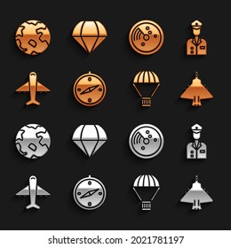 Set Compass, Pilot, Jet fighter, Box flying on parachute, Plane, Radar with targets monitor, Worldwide and Parachute icon. Vector