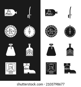 Set Compass, Pirate coin, Bottle with ship inside, sword, sack, Alcohol drink Rum bottle, Leather pirate boots and Wanted poster icon. Vector