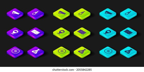 Set Compass, Pirate coin, Location pirate, treasure map, Gallows rope loop hanging and Cannon icon. Vector