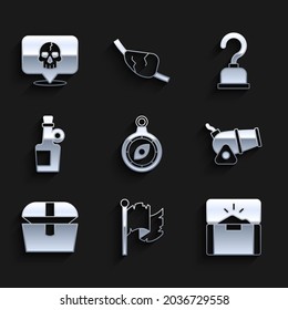 Set Compass, Pirate flag, Antique treasure chest, Cannon, Alcohol drink Rum, hook and Skull icon. Vector