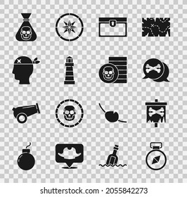 Compass, bandera pirata, pirata de localización, cofre del tesoro antiguo, faro, capitán, moneda e ícono. Vector