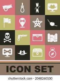 Set Compass, Pirate treasure map, eye patch, Decree, parchment, scroll, Location pirate, flag, Cannon and Starfish icon. Vector