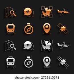 Brújula, Plano, Satélite, Locación con casa, Tren, Brújula mundial, Ubicación de la Búsqueda e Infografía del ícono de navegación del mapa de la ciudad. Vector