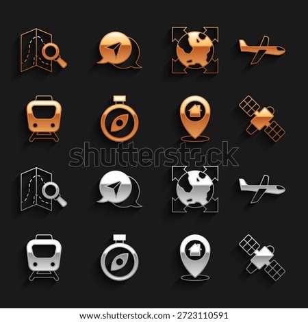Set Compass, Plane, Satellite, Location with house, Train, World globe compass, Search location and Infographic of city map navigation icon. Vector