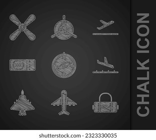 Set Compass, Plane, Koffer, Landung, Jet Kämpfer, Flugticket, Start und Propeller Symbol. Vektorgrafik