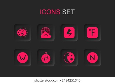 Set Compass, Rainbow with cloud, Eclipse of the sun, Moon phases, Fahrenheit, north, Lightning bolt and  icon. Vector