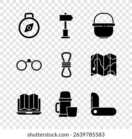 Set Compass, Road traffic signpost, Camping pot, Location of the forest laptop, Thermos container and cup, Swiss army knife, Binoculars and Climber rope icon. Vector