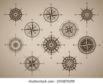 Set of compass rose or wind rose on brown vintage background