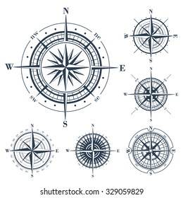 Set Of Compass Roses Or Windroses Isolated On White. Vector Illustration.