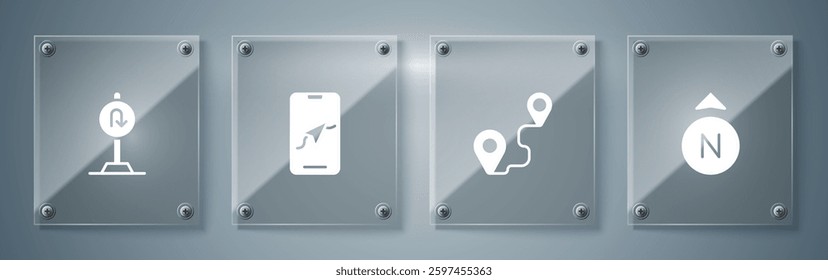 Set Compass, Route location, City map navigation and Turn back road sign. Square glass panels. Vector