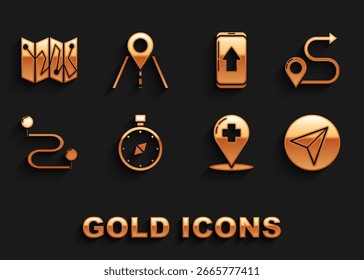 Set Compass, Route location, Paper airplane, Medical map pointer with cross hospital, Infographic of city navigation, Folded marker and Road traffic sign icon. Vector