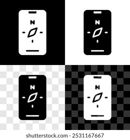 Set Compass screen apps on smartphone for navigation icon isolated on black and white, transparent background. Application compass for navigation, app map.  Vector