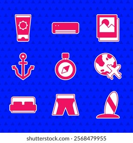 Set Compass, Short or pants, Surfboard, Globe with flying plane, Hotel room bed, Anchor, Photo and Sunscreen cream tube icon. Vector